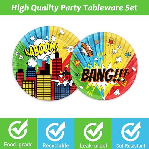 Image of gisgfim 96 Pcs Super Theme Hero Party Plates and Napkins Party Supplies Hero Themed Party Tableware Set Hero Action Disposable Decorations Favors for Birthday Baby Shower for 24 Guests