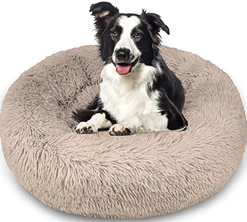 Enjamoy Plush Donut Dog Bed, Calming Round Dog Cat Bed Soft and Fluffy Cuddler Pet Cushion Self-Warming Puppy Beds Machine Washable, Brown 80cm