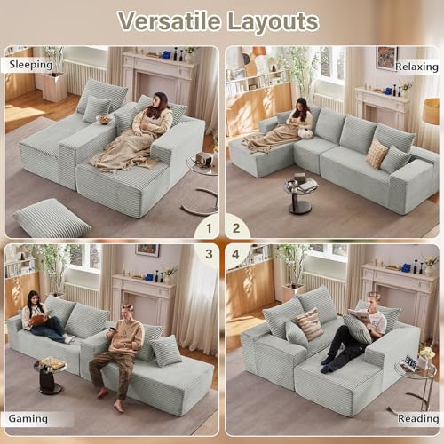 Image of 135 inch Cloud Sectional Couch with L-Shape Chaise, Upholstered Corduroy Couches Sleeper Chaise Longue, Modern Modular Comfy Deep Seat Sofa for Living Room Bedroom, No Assembly Required, Grey