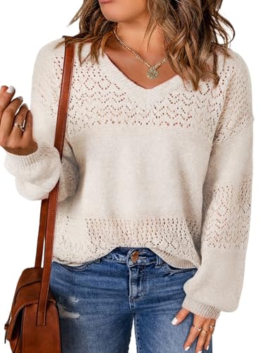Eytino Womens Plus Size Sweater Casual Long Sleeve V Neck Crochet Knit Lightweight Pullover Sweater Tops(1X-5X)