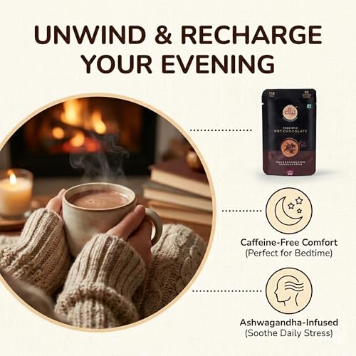 Image of Ella Foods Probiotic Instant Hot Chocolate Powder (27g Sachets Pack of 7) | Sugar Free Hot Chocolate with Natural Coconut Sugar | Healthy Mix with Ashwagandha for Immunity Boost & Whole Milk