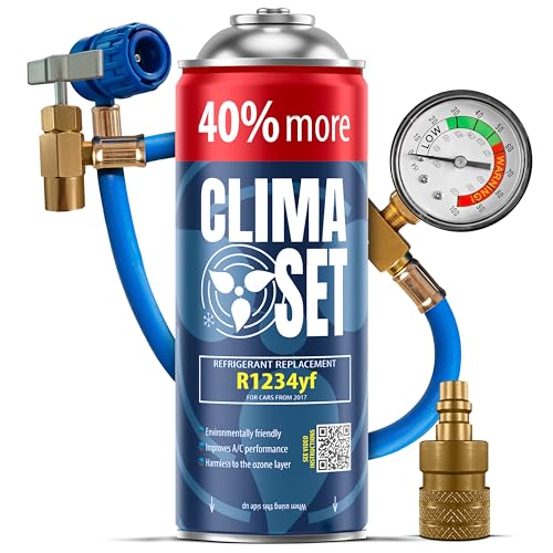 ClimaSet Recambio gas R1234yf con manguera y adaptador manometro – Kit recarga aire acondicionado coche 1x235 g   Sustituto del refrigerante   Gas aire acondicionado coche   ECO