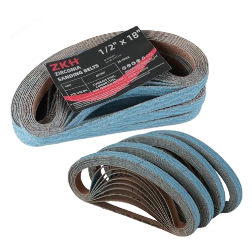 ZKH Zirconia Sanding Belts for Metal Working, 1/2' x 18' Belt Sander Paper, 32 Pack 40/60/80/120 Assorted Grits Sander Belts for Metal Polishing, Woodworking