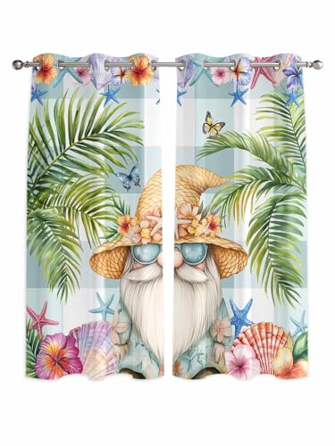 Palm Tree Window Curtains Panels with Silver Grommet,Butterfly Gnomes Coastal Starfish Shell Plaid Kitchen Cafe Curtain Draperies Window Treatment Set for Living Room/Bedroom/Bathroom/Cafe,84x84