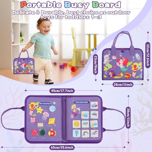 Image of Montessori Busy Board for Toddlers 3-6, Soft Sensory Activity Book with Life Skills, Cognition, Sorting, Matching, Travel Toys for Airplane Car, Gift for Girls Boys 3+ Years Old (Mermaid)