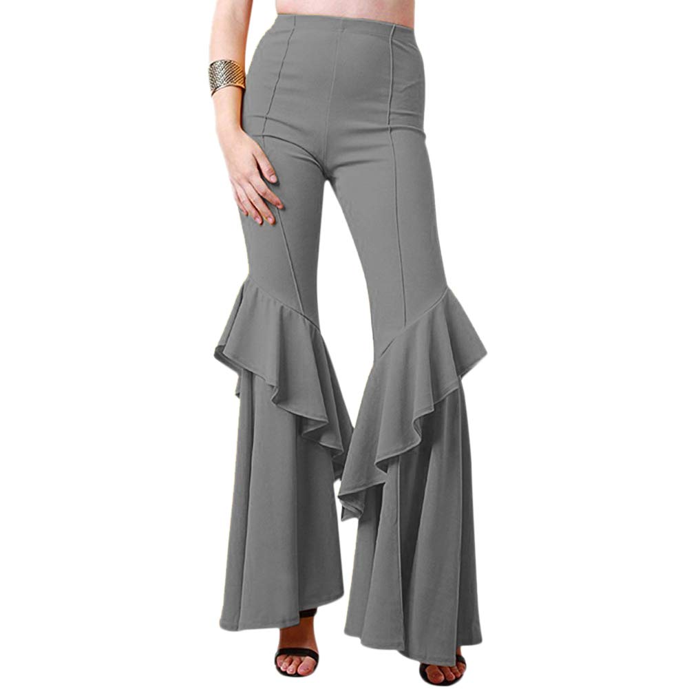 Women High Waist Hippie Wide Leg Flared Bell Bottom Pants Ruffle Bootcut Palazzo Flounce Tier Casual Leggings Trousers
