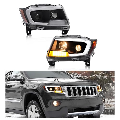 HECASA Projector Headlights Pair w/C-Shaped LED Compatible with 2011-2013 Jeep Grand Cherokee Replacement for CH2502224 CH2503224 Headlamp LED Bar Tube DRL Clear Lens Black Housing Amber Reflector