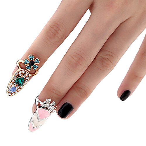 12Pcs Women Fashion Bowknot Nail Ring Charm Crown Flower Crystal Finger Nail Rings #TOP6