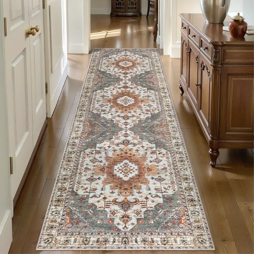 Image of Tangsoo 2x10 Vintage Floral Geometric Runner Rug, Turmeric & Multicolor, Machine Made, Non-Slip, Washable, 0.35 Inch Pile, Rectangular, Indoor, Entryway & Living Room