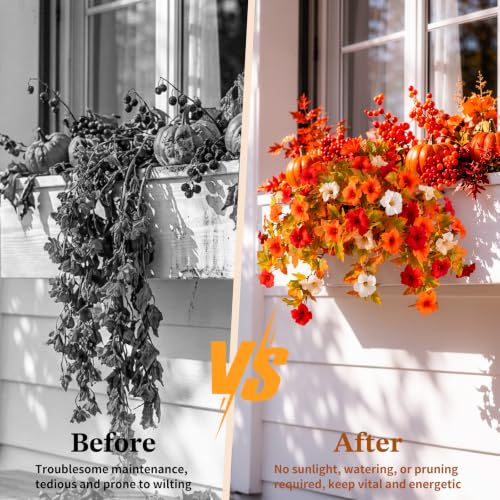 Image of Lewondr Artificial Fall Hanging Flowers UV Resistant Silk Petunias, Mixed | White & Orange Morning Glory, No Watering Needed, Fade Proof, for Porch Patio Yard Baskets, Autumn Decor, Indoor Outdoor Use