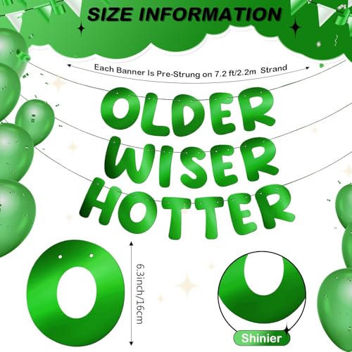 Image of Fulmoon Set of 3 Pre Strung Older Wiser Hotter Glitter Banner Funny Birthday Banner for Women 30th 40th 50th 60th 70th 80th Birthday Party Decorations Sign Gift(Bright Green)