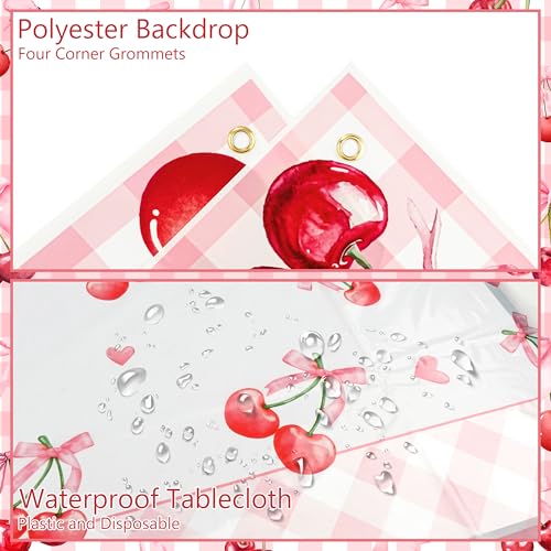 Image of Cherry Baby Shower Party Decorations Kit - Includes She's The Cherry On Top Banner, Balloon Arch, Backdrop, Tablecloth & Cake Toppers for Women Girls Cherries Themed Party Supplies