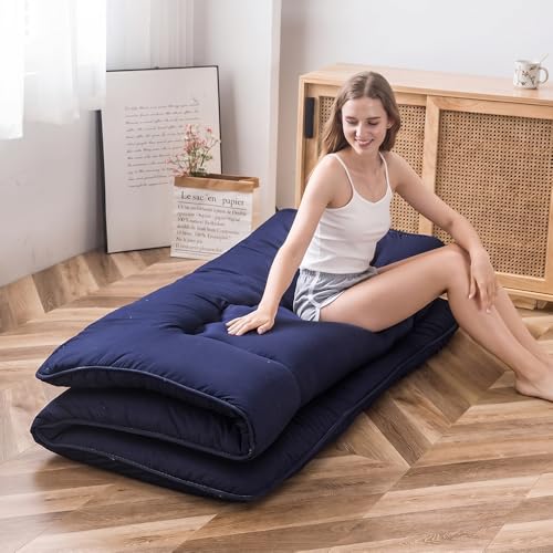 Image of MAXYOYO Japanese Floor Mattress Futon Mattress, Thicken Tatami Mat Sleeping Pad Foldable Roll Up Mattress Boys Girls Dormitory Mattress Pad Kids Floor Lounger Cushion, Navy, Twin Size