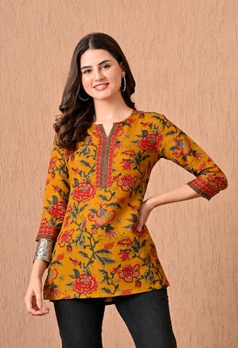 Image of Amazon Brand - Tavasya Women Floral Printed Short Kurti | Round Neck with Slit Stylish Kurta | 3 /4th Sleeve Modern Top | Regular Fit