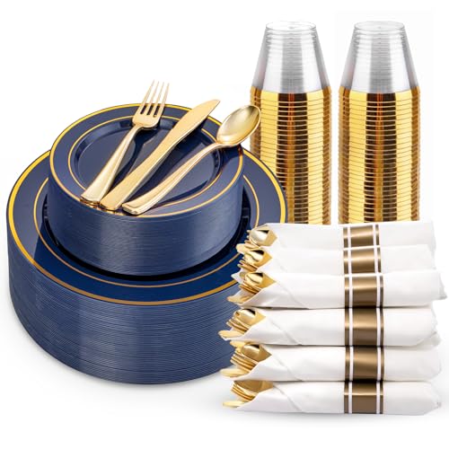 WDF Partyware 175PCS Blue and Gold Plastic Plates - Navy Blue Plates with Pre Rolled Napkins for Party - 25Guest Disposable Dinnerware Sets for Party/Birthday/Wedding
