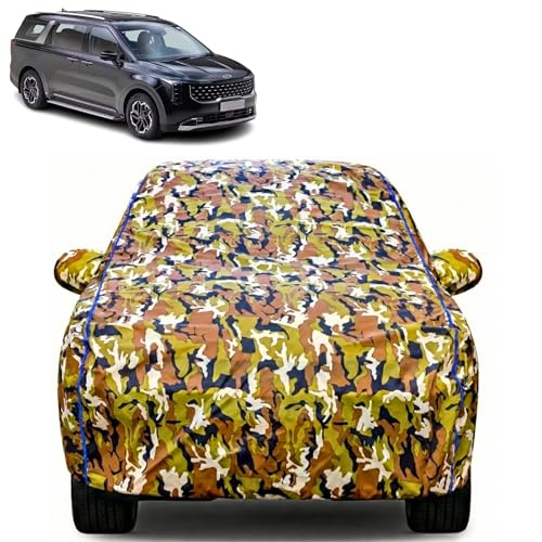Image of Waterproof Car Body Cover for Kia Carnival with Mirror Pocket| Cotton Inner Lining | Triple Stitched | All Weather Protection | Dust, UV & Rain Proof (Camouflage with Blue Piping)