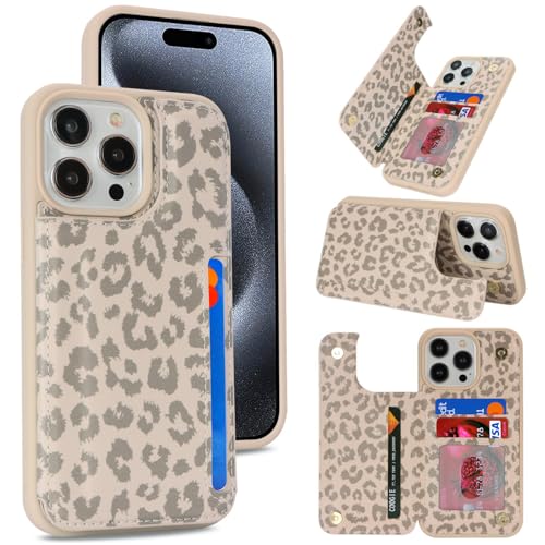 iCoverCase Compatible with iPhone 15 Pro Wallet Phone Case with Card Holder for Women Men [RFID Blocking] Card Slots PU Leather Protective Wallet Case 6.1 Inch (Beige Leopard)