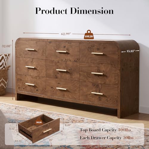 Image of Curved Drawer Dresser for Bedroom with 9 Drawers, 63'' Wide Chest of Drawer