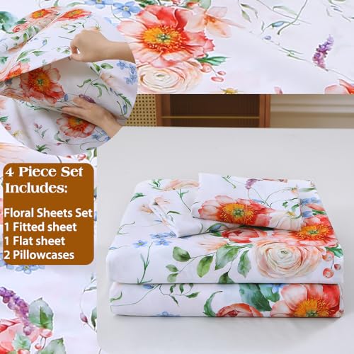 Image of MUXHOMO Full Size 4 Piece Sheet Set, Soft & Breathable Sheet Set for Bedroom with Deep Pocket Up to 16 inch, Wrinkle-Free & Cooling Bed Sheet with Flat Sheet, Fitted Sheet & Pillowcases - Blooming Rose