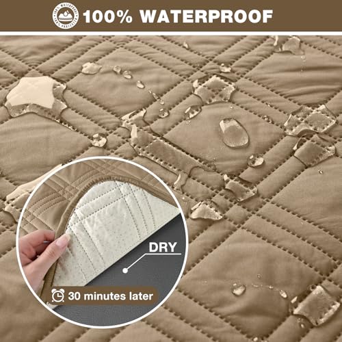 Image of TAOCOCO 100% Waterproof Recliner Sofa Cover, Non Slip Split Couch Covers for Reclining Couches with Elastic Straps, Washable Reclining Sofa Cover Furniture Protector for Kids Pets(3 Seater, Camel)