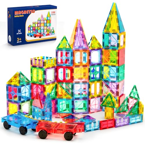 Image of Ryoichi 138PCS Magnetic Tiles Set with 2 Cars, STEM Educational Construction Building Blocks & Montessori Learning Toys for Kids Ages 3-9+ Years
