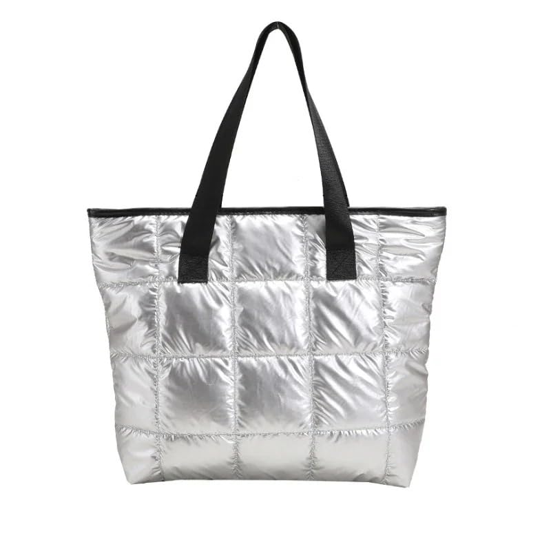 Bolsa Tote Puffer Feminina, Bolsa de Ombro Acolchoada Leve (Prata)