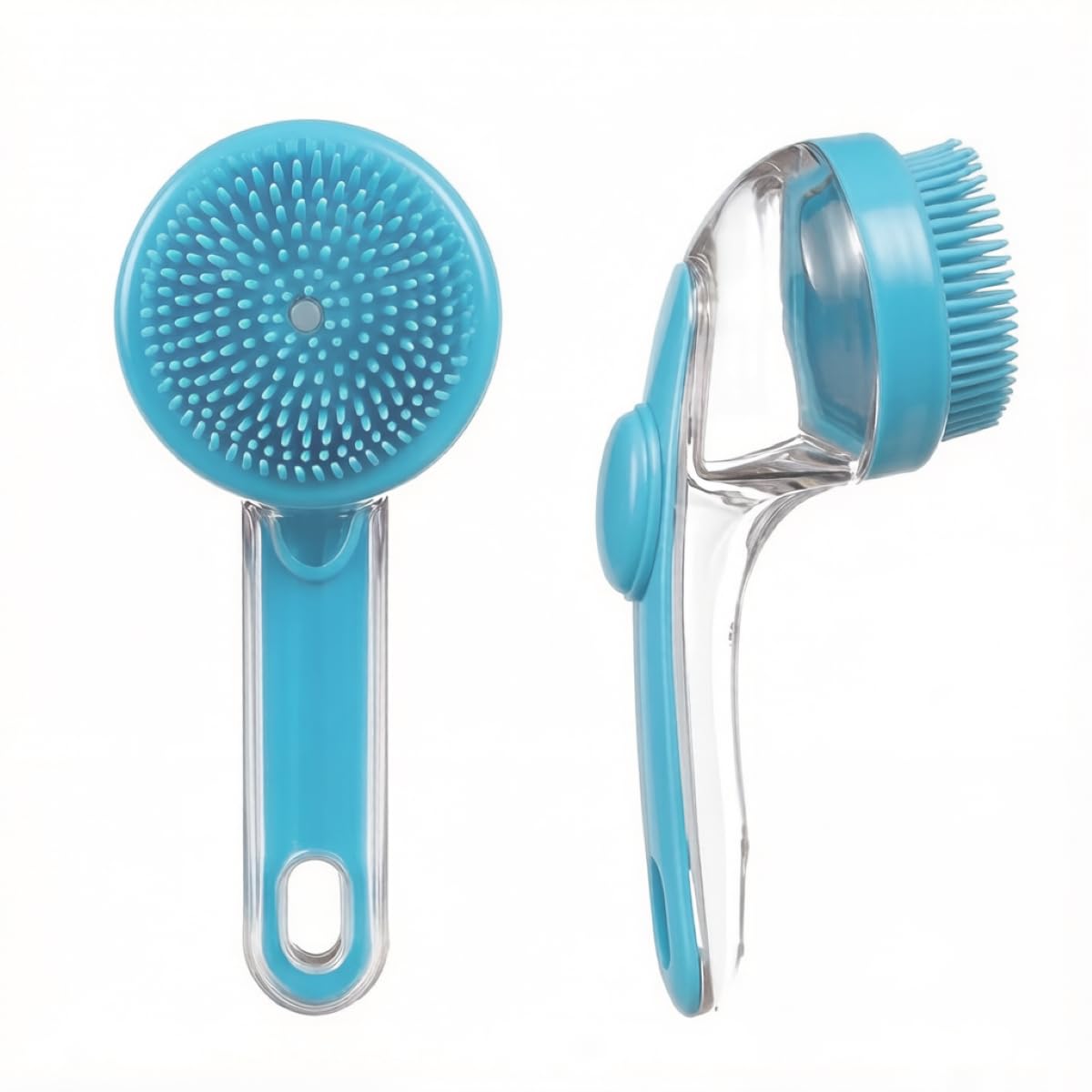 2 Pack Dog Bath Brush with Shampoo Dispenser, 2-in-1 Dog Shampoo Brush and Pet Bath Brush with Handle for Grooming (Blue 2 Pack)