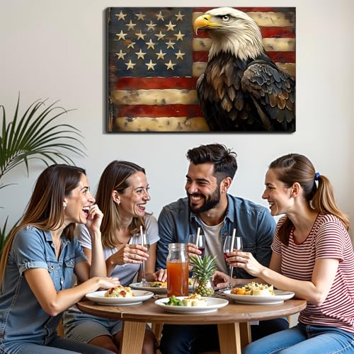 Image of Framed Bald Eagle American Flag Wall Art, Patriotic USA Canvas Art Pictures, Vintage Eagle Wall Decor for Office Living Room Man Cave, Ready to Hang Made in USA
