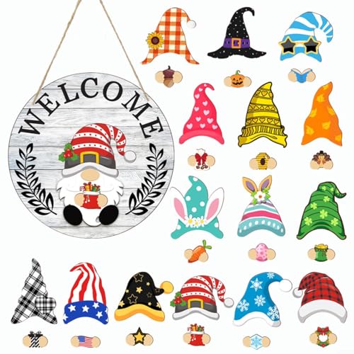 EXTRWORY Decoración de gnomo de madera intercambiable con sombreros magnéticos y accesorios de temporada para uso en interiores y jardines (MZ980A)
