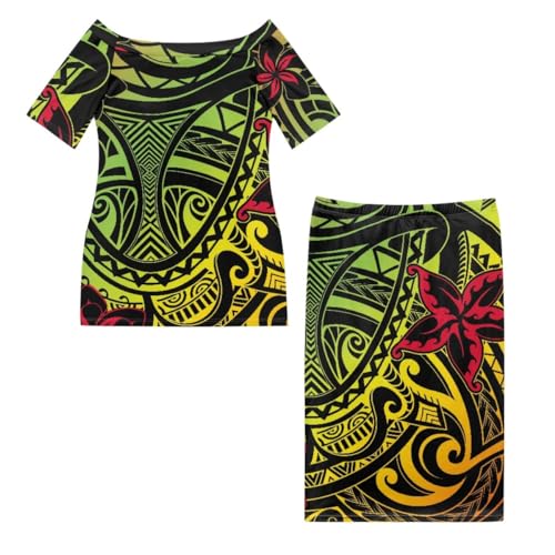 ENLACHIC Women Puletasi Samoan Traditional Dress Polynesian Tribal Print Off Shoulder Maxi Dress 2 Piece Outfit3
