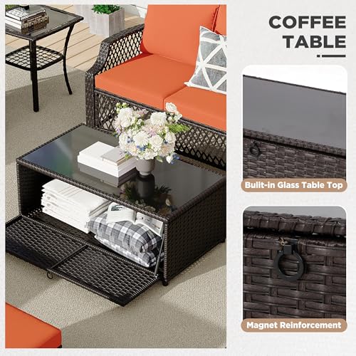Image of HOMREST 3 Piece Patio Rattan Ottomans Set，Outdoor PE Wicker Footstool w /Removable Cushion, Storage Coffee Table & Multipurpose Footrest Stool for Porch, Poolside, Garden, Deck(Orange)