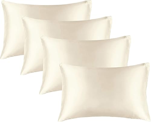 BEDELITE Funda de almohada de satén para cabello y piel, paquete de 4 fundas de almohada Queen súper suaves y sedosas, color beige, con cierre de