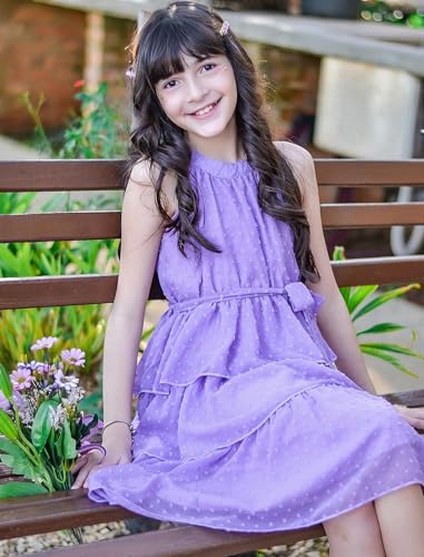 Move Dance Girls Summer Dress Tween Halter Neck Purple Violet Flared Midi A-Line Sundress Swiss Dot Sleeveless Casual Layered Chiffon Dresses with Belt 12-13 Years Old - image 3