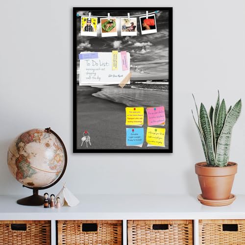 Image of ArtzFolio Sea, Air, & Land Monochrome Contrast | Bulletin Board Notice Pin Board | Vision Soft Board Combo with Thumb Push Pins & Sticky Notes | Black Frame | 12 x 18 inch (30 x 46 cms)