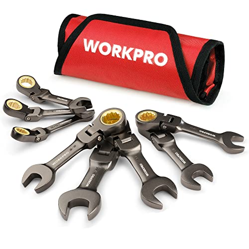 WORKPRO 8 Piece Flex Head Stubby Ratcheting Combination Wrench Set, SAE 5/16-3/4 in, 72-Teeth, CRV, Nickel Plating with Rolling Pouch SAE Regular & Nickel Plating