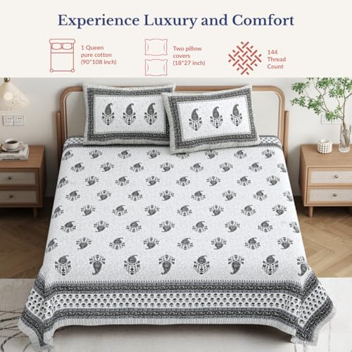 Image of Jaipur Weaves Jaipuri Double Bed Cotton Bedsheet Queen Size 90x108, 144 TC 100% Pure Cotton Bed Sheet with 2 Pillow Covers, Royal Motifs Traditional Print (Brown Motif,Queen)