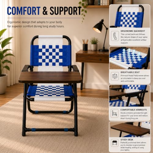 Image of Study Chair for Home with Writing Pad, Foldable Study Chair for Students, Niwar Seat and Back, Metal Frame, Folding Student Seat for Reading, Writing and Laptop Work, (Blue & White)