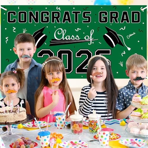 Image of 2026 Graduation Decorations - Green Polyester Graduation Backdrop - Graduation Party Decorations - Congrats Grad Banner - Graduation Decorations Class of 2026 2027,Graduation Party Favors Supplies Yard Sign