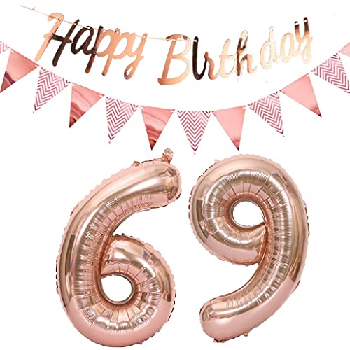 Globos de 69 cumpleaños para mujer, color oro rosa, guirnalda de Happy Birthday + banderines de 40 pulgadas, globos con números 69 globos para 69 años, decoración de cumpleaños, color oro rosa (69)