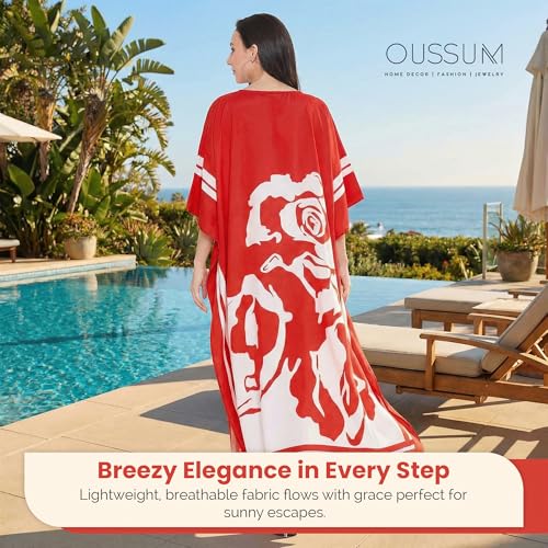Image of Oussum Women Plus Size Dresses Kimono Caftan Maxi Dress Floral Polyester Long Mumu House Beach Cover Up 1X-3X Summer Wear