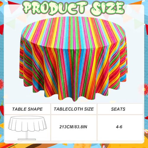 Image of Hahafelt 3 Pcs Mexican Fiesta Plastic Tablecloth 84 Inch Cinco De Mayo Round Disposable Table Cover Colorful Stripe Serape Circular Table Cloth for Mexican Carnival Taco Night Loteria Party Decor