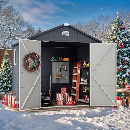YITAHOME 8x6.2FT Outdoor Storage Shed w/o Floor, All-Weather Plastic Shed with Lockable Doors, Window & Vents, Plastic Tool Shed for Backyard, Patio, Poolside, Lawn, Gray Gray 8x6FT