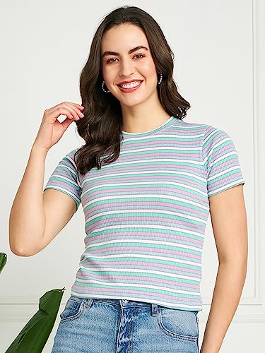 Image of Modeve Women Striped Half Sleeves Top for Summer