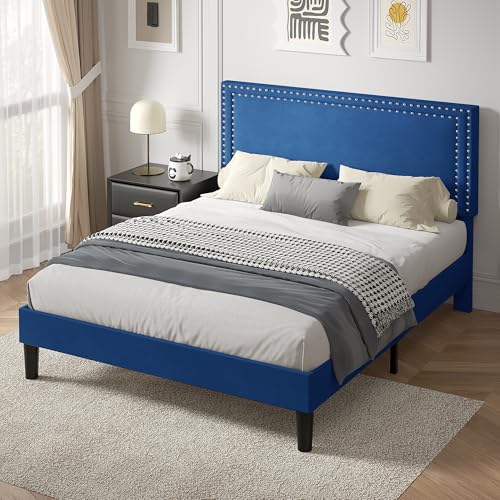 Image of VECELO Full Size Platform Bed Frame with Height Adjustable Upholstered Headboard, Modern Mattress Foundation,Strong Wood Slat Support, No Box Spring Needed, Easy Assembly,Dark Blue