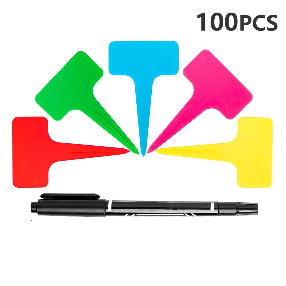 ADNIKIA 100Pcs T-Type Plant Labels with a Gel Pen, 2.36" x 3.94" Waterproof Plastic Garden Tags Plant Sign Tags Nursery Marker for Seed Potted Herb Flower Vegetable (Multi Colors with a Gel Pen)