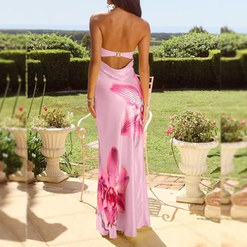 Image of Women Floral Strapless Maxi Dress Y2K Bodycon Tube Long Dresses Sexy Party Formal Cocktail Beach Slit Dress