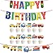 Ouceanwin Lot de 3 bannières de transport pour anniversaire d'enfant avec guirlande Happy Birthday et 12 décorations de cupcake en avion bateau Décoration de gâteau Bus pour bébé fille et garçon