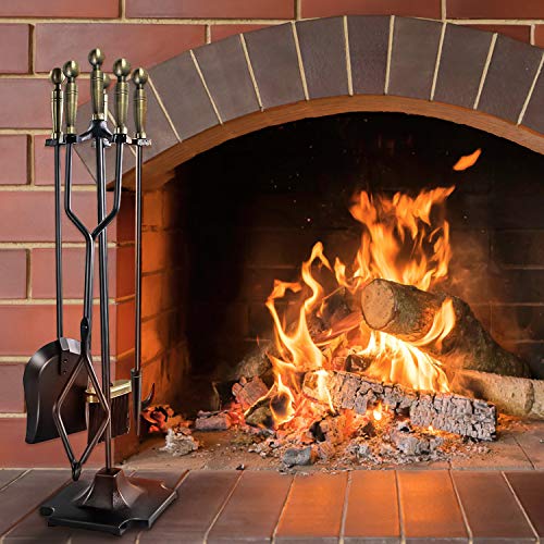 WBHome Fireplace Tool Set 5 Piece Rustic Heavy Duty Compact Wrought Iron Fire Place Tools Set with Pedestal Place, 32 inch(Brass Handle) - Thumbnail 6