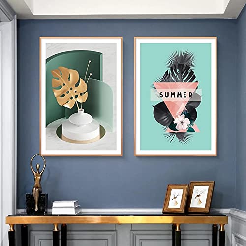 Art mural moderne vert et or 50x70cm sans cadre pour salon élégant