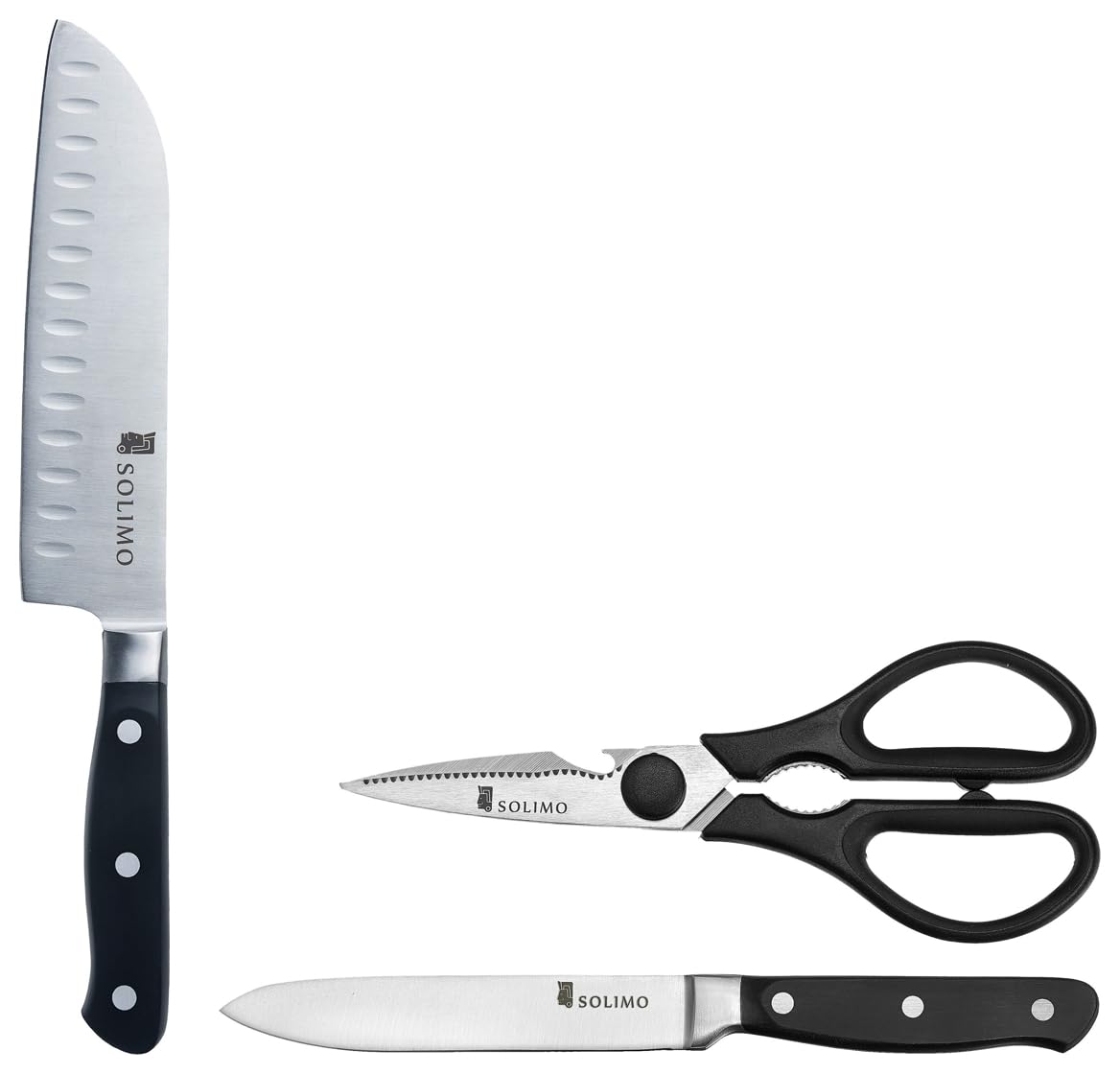 Amazon Brand - Solimo Premium High-Carbon Santoku Knife, Black Premium High-Carbon Detachable Kitchen Shears and Knife Set, 2-Pieces, Silver